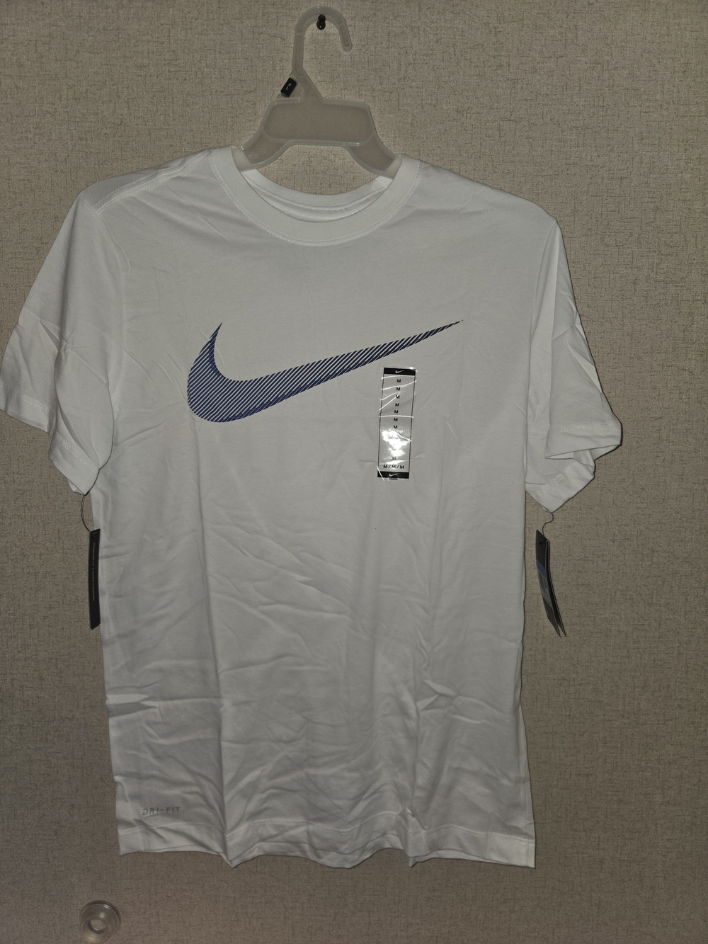 Nike Men’s White Dri-FIT Crew T-Shirt with Navy Swoosh Medium